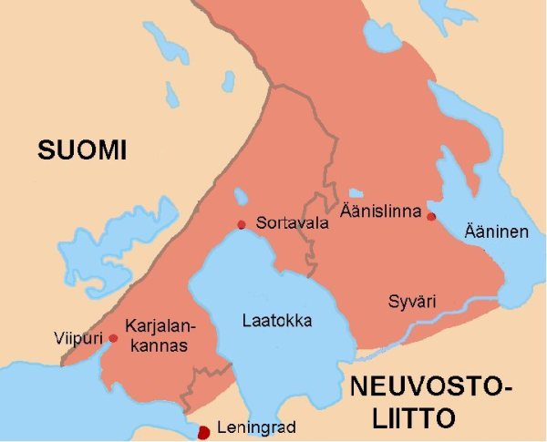 Kartta 3. Suomen valloitukset Itä-Karjalassa laajimmillaan. Lisäksi alueita oli vallattu myös Kuolan niemimaalta. Wikipedia.