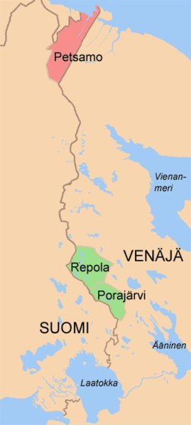 Kartta 1. Suomeen aluelaajennukset itsenäisyyden ajan alussa. Repola ja Porajärvi liitettiin takaisin Neuvosto-Venäjään jo 1920. Kartta Wikipediasta.